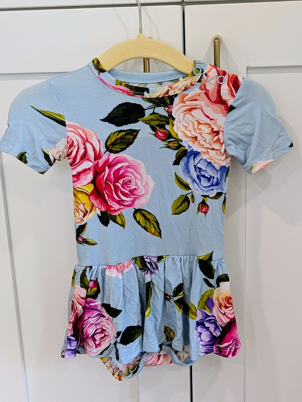 Posh Peanut Light Blue Floral Peplum Dress with Pink & Purple Roses